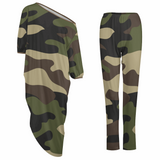 ARMY GREEN CAMO: Women's Casual Two Piece Set Diagonal Shoulder Top & Pants