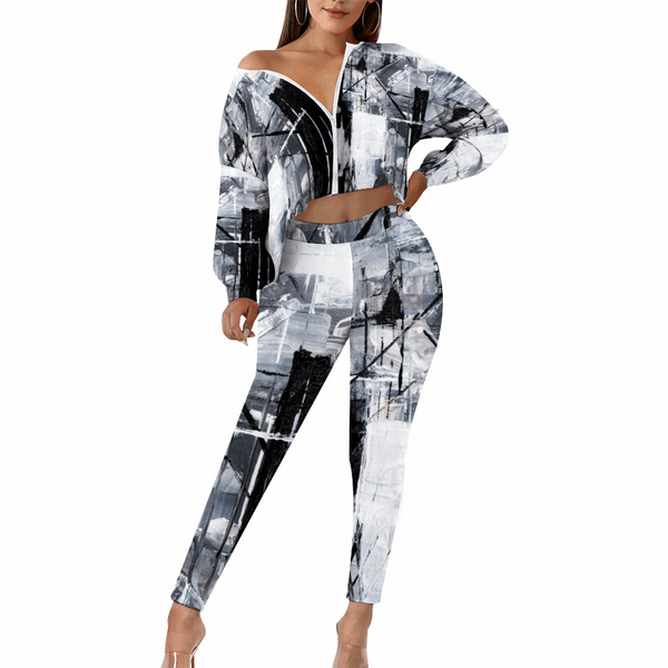 BLACK Splash: Women's Two Piece Outfits Long Sleeve Zipper Top and Trousers Set