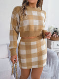 Plaid Round Neck Top and Skirt Sweater Set