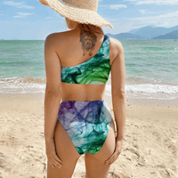 BLUE PURP SPLASH: One Side Strap Women's Two Piece Swimsuit Fashion Bikini Set