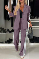 Full Size Contrast Lapel Collar Top and Pants Set