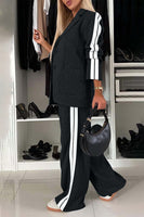 Full Size Contrast Lapel Collar Top and Pants Set