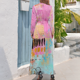 PINK-FFITI: Women's Long Sleeves High Neck Dress Casual Long Skirts