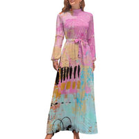 PINK-FFITI: Women's Long Sleeves High Neck Dress Casual Long Skirts