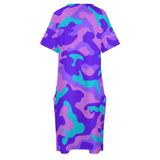 PURP-PINK CAMO: Women's V-neck Loose Dress Fashion Skirts with Pockets