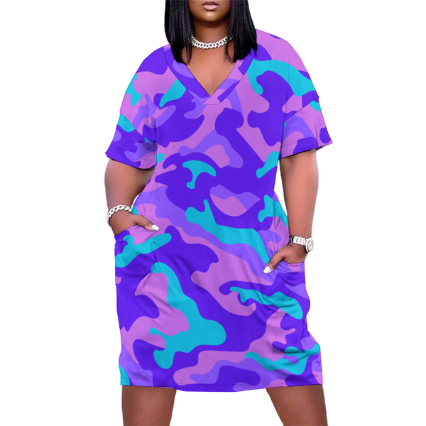 PURP-PINK CAMO: Women's V-neck Loose Dress Fashion Skirts with Pockets
