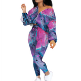 Purp-Pink Splash: Women's Two Piece Outfits Long Sleeve Zipper Top and Trousers Set