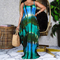 Vintage Tie Dye Maxi Beach Dress with Pockets
