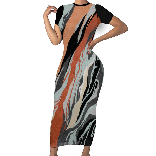 Tiger Me Brown: Women's Round Neck Long Dress Short Sleeve Bodycon Pencil Dress