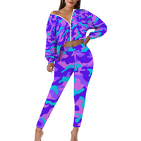 PURP-PINK CAMO: Women's Two Piece Outfits Long Sleeve Zipper Top and Trousers Set