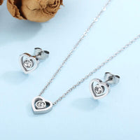 Inlaid Zircon Heart Necklace, Bracelet and Stud Earrings Jewelry Set