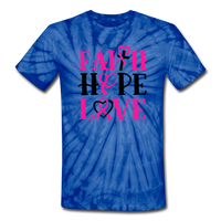 FAITH.HOPE.LOVE BREAST CANCER AWARENESS: Unisex Tie Dye T-Shirt - spider blue