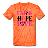 FAITH.HOPE.LOVE BREAST CANCER AWARENESS: Unisex Tie Dye T-Shirt - spider orange