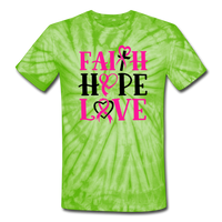 FAITH.HOPE.LOVE BREAST CANCER AWARENESS: Unisex Tie Dye T-Shirt - spider lime green