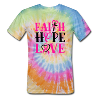 FAITH.HOPE.LOVE BREAST CANCER AWARENESS: Unisex Tie Dye T-Shirt - rainbow