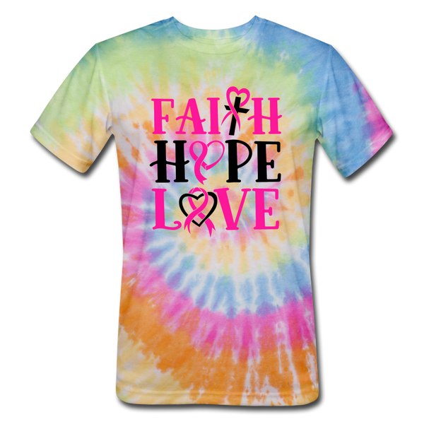 FAITH.HOPE.LOVE BREAST CANCER AWARENESS: Unisex Tie Dye T-Shirt - rainbow