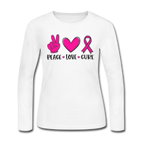 PEACE.LOVE.CURE BREAST CANCER AWARENESS: Women's Long Sleeve Jersey T-Shirt - white