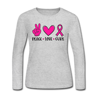 PEACE.LOVE.CURE BREAST CANCER AWARENESS: Women's Long Sleeve Jersey T-Shirt - gray