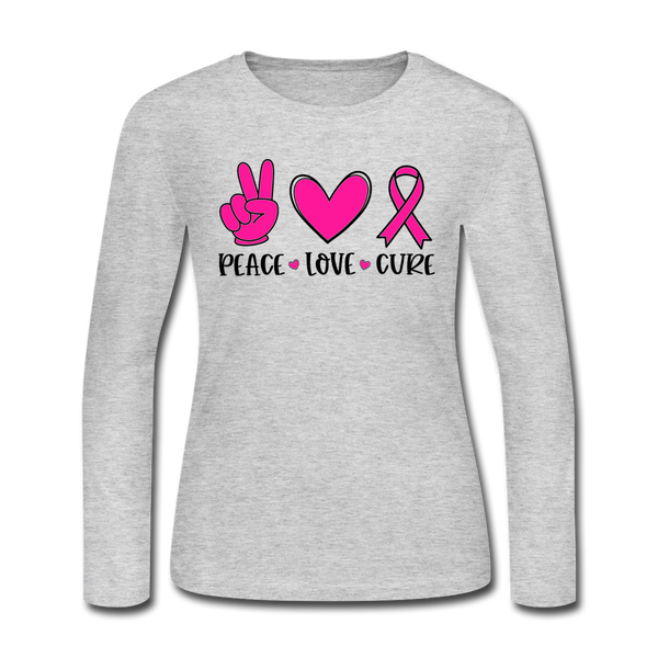 PEACE.LOVE.CURE BREAST CANCER AWARENESS: Women's Long Sleeve Jersey T-Shirt - gray