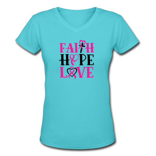 FAITH.HOPE.LOVE: Women's V-Neck T-Shirt - aqua